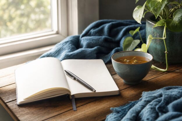 Journal Prompts to Reconnect to Yourself An open journal with a pen beside a cup of herbal tea in soft morning window light