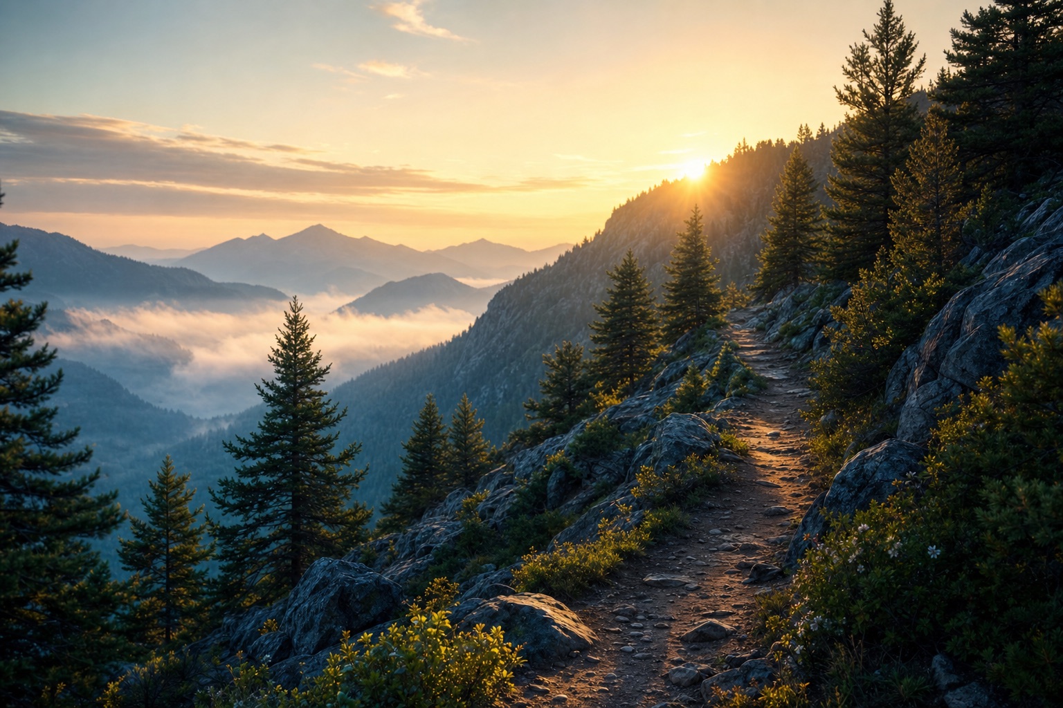 A mountain trail climbing through pines toward warm sunrise light breaking over the ridge
