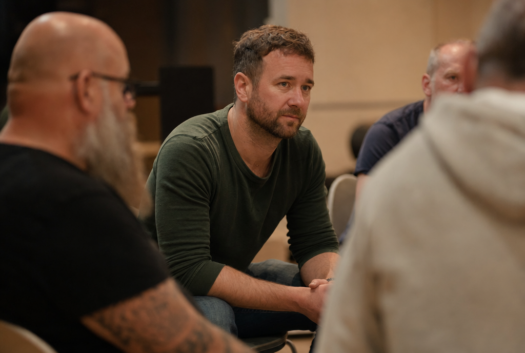 A man in a support-group circle leaning forward and listening, tired but resolved.
