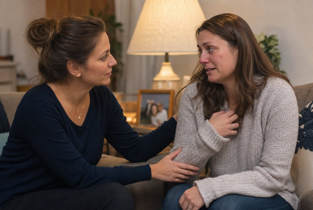 Two women sitting close together, one listening with a steadying hand on the other&rsquo;s arm.