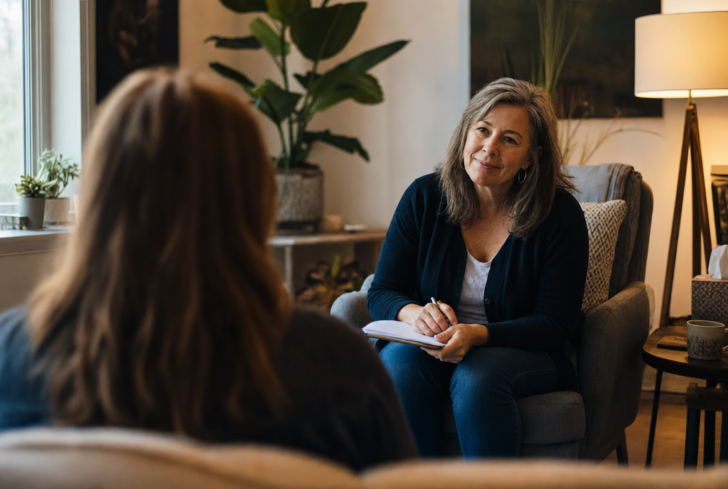 A therapist leaning forward with a notebook, listening with a kind, attentive expression.