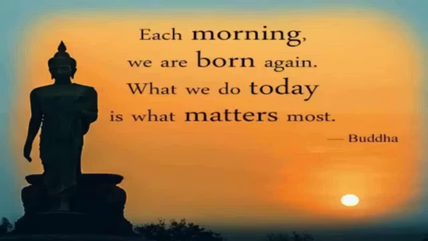 Each morning we are born again — Buddha quote over a sunset