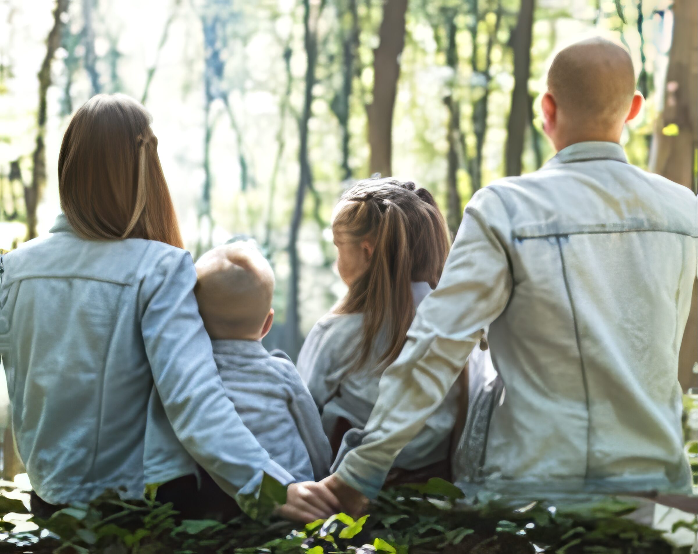 A family sitting together looking at a forest