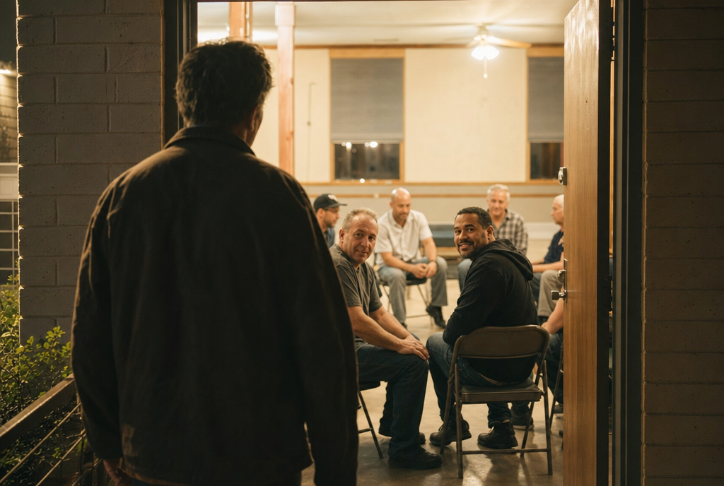 A man arriving at an SAL 12-Step meeting, greeted by other men already seated in the circle.