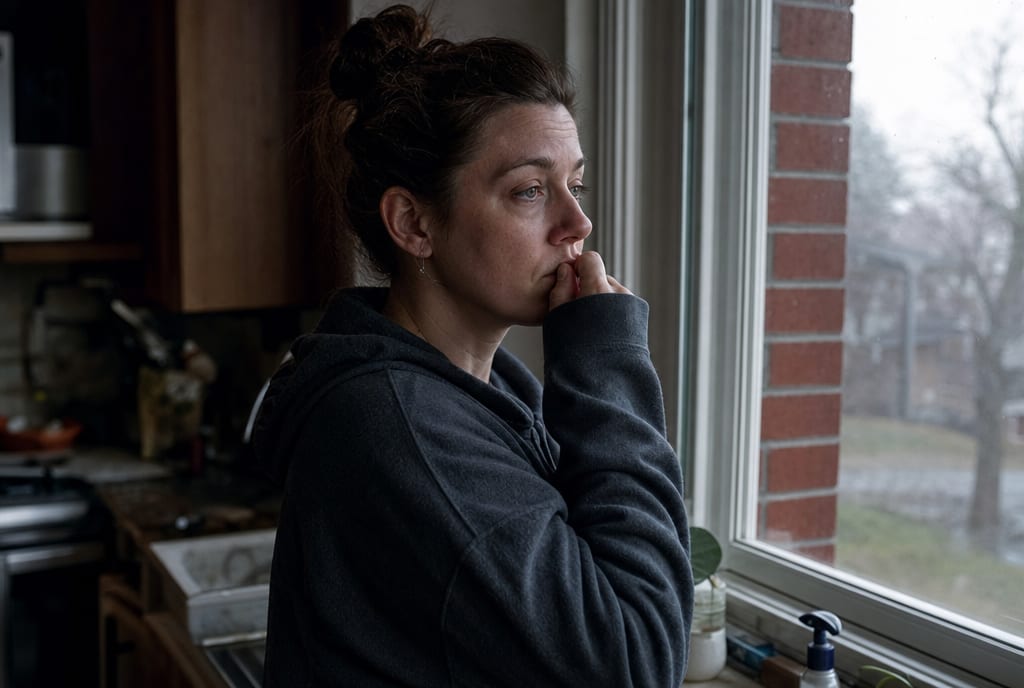 A woman looking out a window, her face showing the raw grief of discovering a loved one's betrayal.