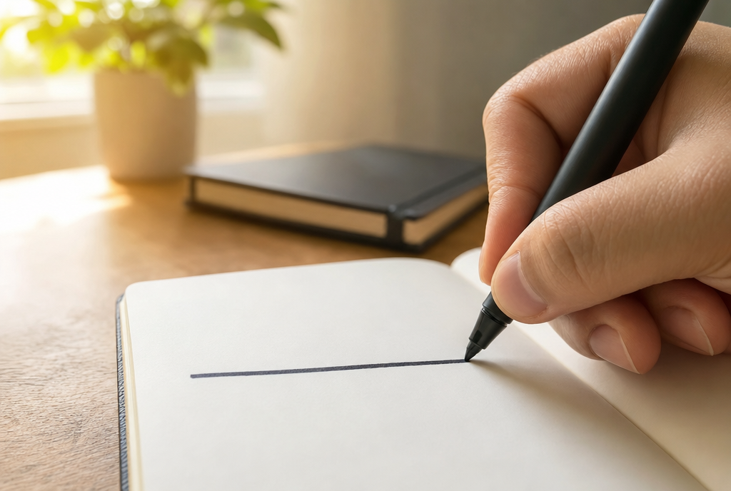 A hand drawing a single firm, straight line across a blank journal page with a black marker, on a warm wooden desk by a window.