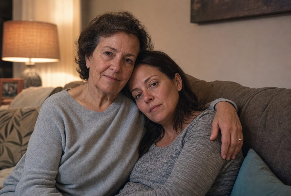 A mother and daughter embracing on a couch, both of their faces visible in a quiet moment of support.