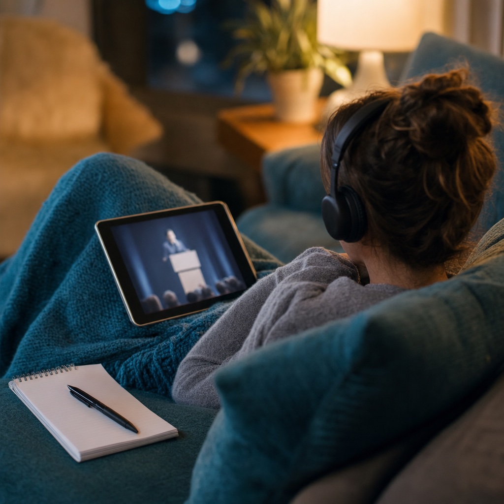 A person relaxing on a couch with headphones, watching a recorded conference presentation on a tablet