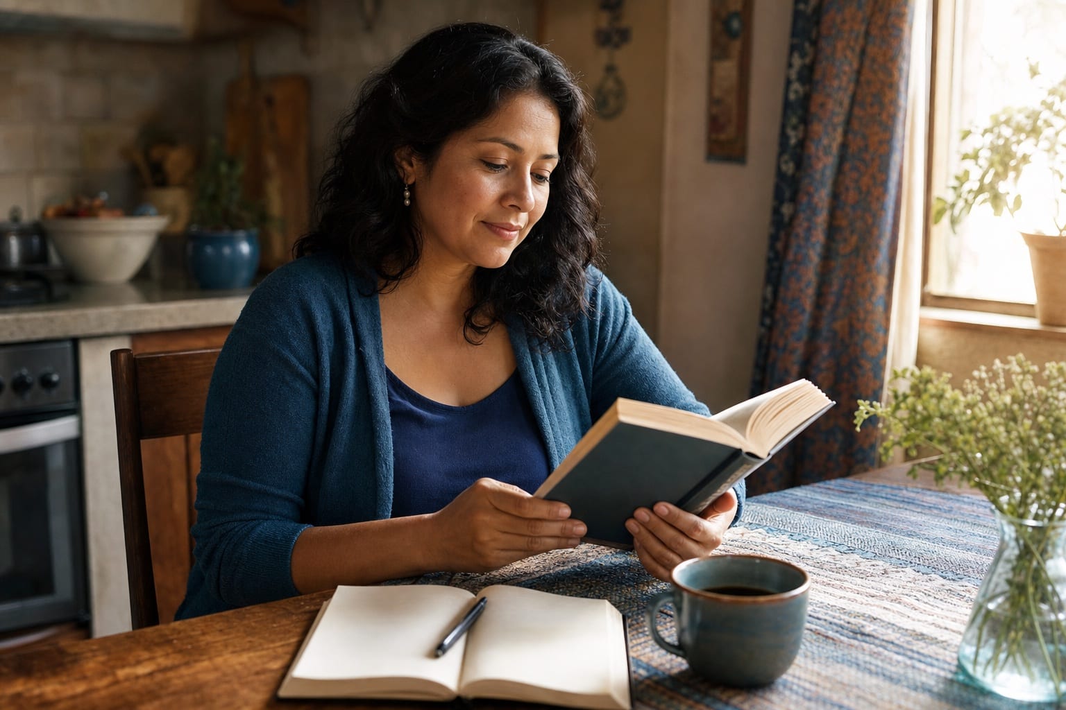 Una mujer leyendo un libro en la mesa de su cocina, con un cuaderno y una taza de café