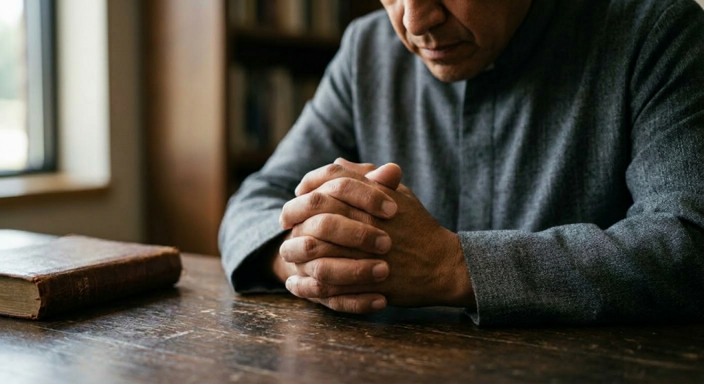 Un líder religioso orando con las manos juntas sobre una mesa, junto a un libro