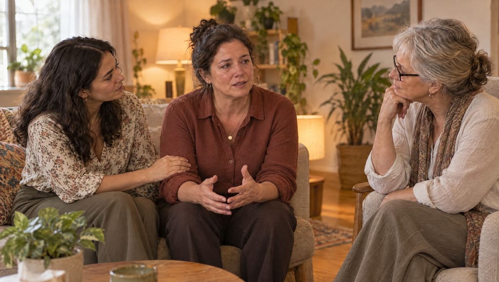 Three women sit together in a warm living room; the woman in the middle shares something difficult while one friend rests a hand on her arm and an older woman listens.
